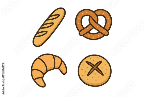 Delicious variety of baked goods including breads and pastries on a white background