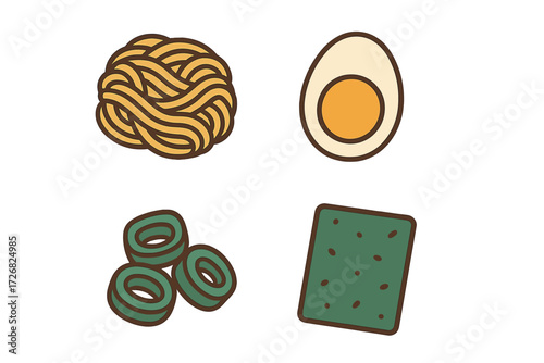 Delicious ingredients for a comforting bowl of ramen featuring noodles, egg, seaweed, and toppings enjoyed at home
