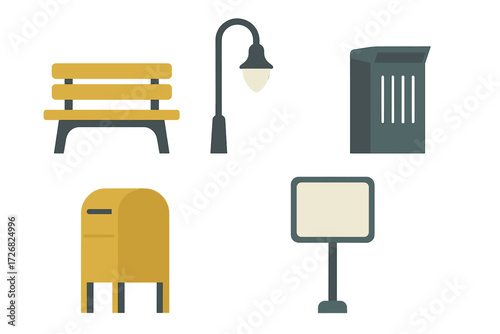 Urban park scene featuring a bench, lamp post, trash can, mailbox, and sign in a simple and colorful design