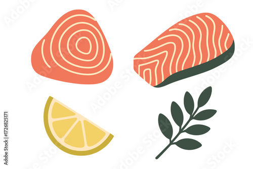 Vibrant salmon fillets with lemon slices and fresh herbs on a white background