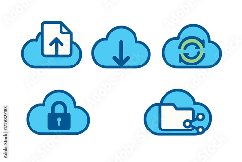 Cloud storage icons showing upload, download, sync, security, and sharing activities for digital files