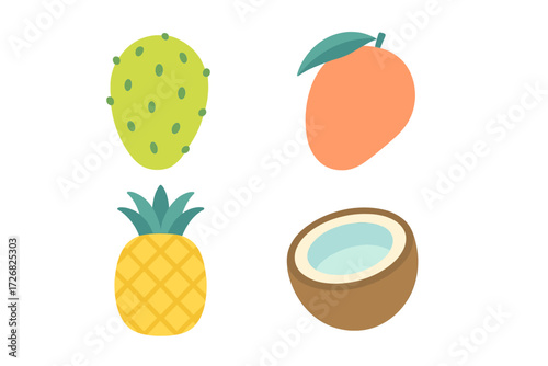 Fresh tropical fruits including cactus fruit, mango, pineapple, and coconut arranged in a beautiful display