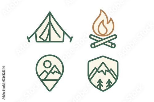 Camping symbols featuring tent, campfire, mountain view, and outdoor badge for adventure lovers