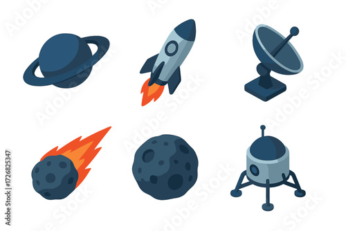 Colorful space-themed illustrations featuring a rocket, planets, asteroids, and satellite equipment for educational and creative purposes