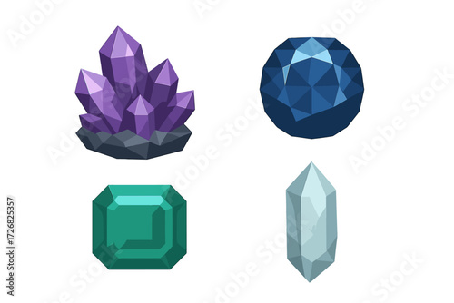 Colorful collection of 3D gemstones and crystals displayed against a simple background