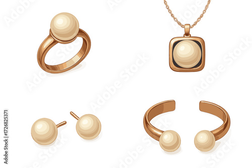Collection of elegant jewelry featuring pearl designs in gold settings displayed on a white background