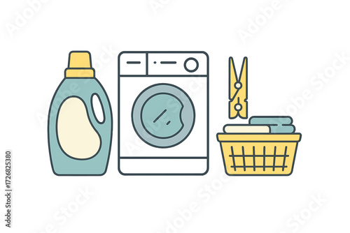 Laundry day essentials with detergent, washing machine, and basket for clean clothes at home