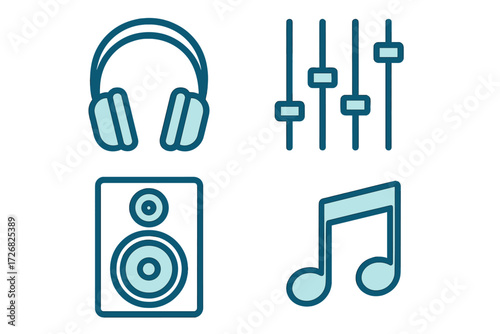 Music equipment icons featuring headphones, soundboard, speaker, and musical notes in a simple design