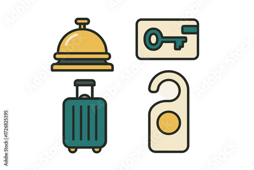 Hotel check-in items including bell, key, suitcase, and door hanger revealing travel essentials for guests