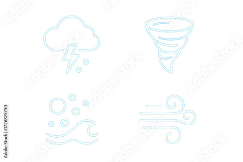 Weather symbols representing lightning, tornado, ocean waves, and wind patterns