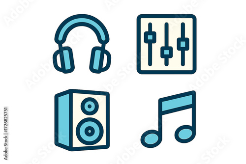 Headphones, speakers, and notes represent music enjoyment and sound quality for listeners in modern settings