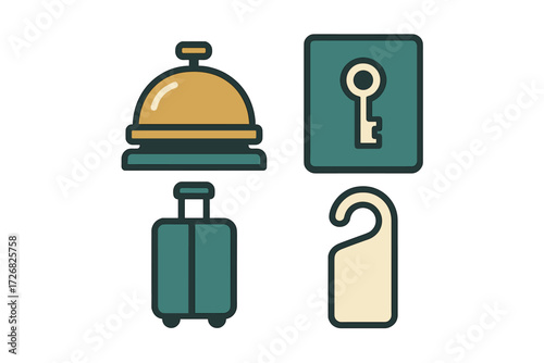 Travel essentials including luggage, key, bell, and door hanger for hotel check-in and check-out processes