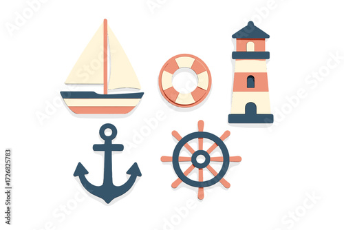 Colorful nautical-themed wall decor pieces arranged on a white background for a coastal atmosphere