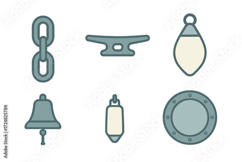 Nautical equipment icons illustrating various elements used in maritime activities and boating