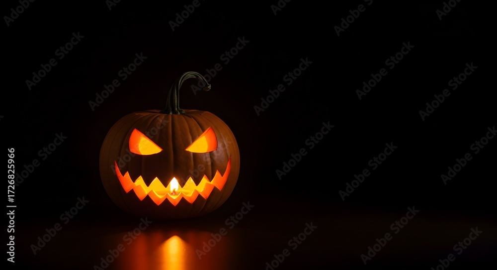 Fototapeta premium Minimalist Halloween poster design, dark background, single glowing pumpkin face, clean composition, perfect for graphic design template