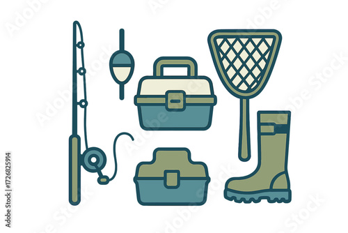 Fishing equipment displayed on a table including a rod, tackle box, net, and boots for a day of fishing at the lake