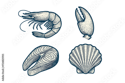 Detailed illustrations of seafood including shrimp, crab, fish, and scallop in a creative design