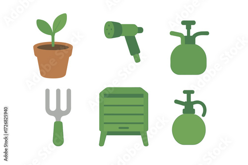 Various gardening tools and supplies for plant care and maintenance in a simple layout