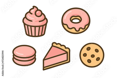 Colorful collection of sweet desserts including cupcake, donut, macaroon, pie, and cookie on a simple background