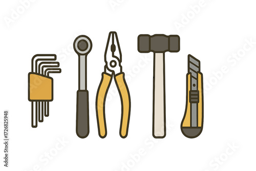 Various hand tools displayed in a row for home improvement and repair tasks