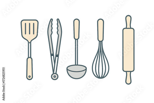 Kitchen utensils displayed in a row showing essential cooking tools for baking and meal preparation