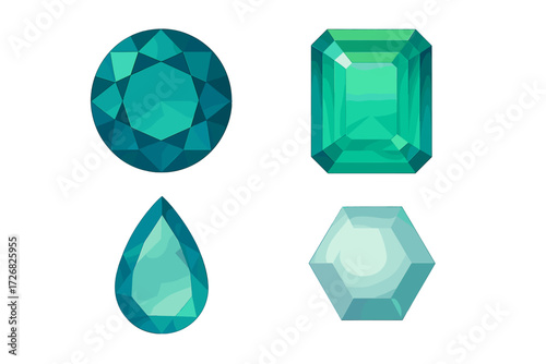 Multiple geometric shapes of gemstones in various cuts and shades of teal displayed on a white background