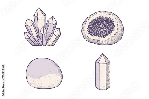 Different types of crystals displayed on a white background, highlighting their unique shapes and textures in close-up