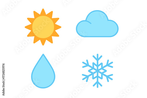 Weather icons representing sun, cloud, raindrop, and snowflake in a simple design on a neutral background