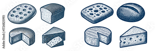Different varieties of cheese displayed on a white background in a detailed illustration style showcasing textures and shapes