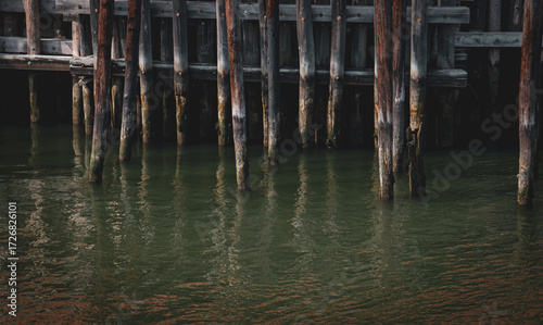 Pilotes de madera de un embarcadero en marea baja. Pilotes de madera antiguos en el muelle sur de Manhattan en el parque Battery, Nueva York, EE. UU.