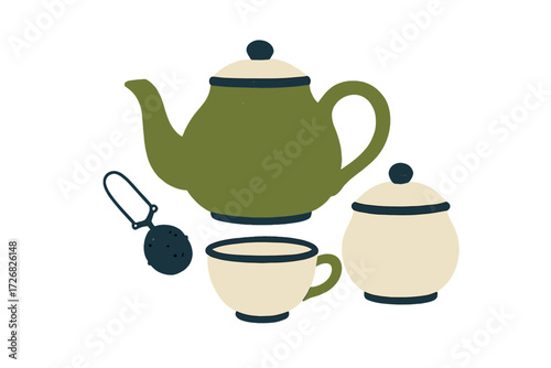 Stylish green teapot and cream-colored tea accessories arranged for afternoon tea at home
