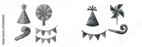 Festive decorations including party hats, streamers, and pinwheels for a celebration event