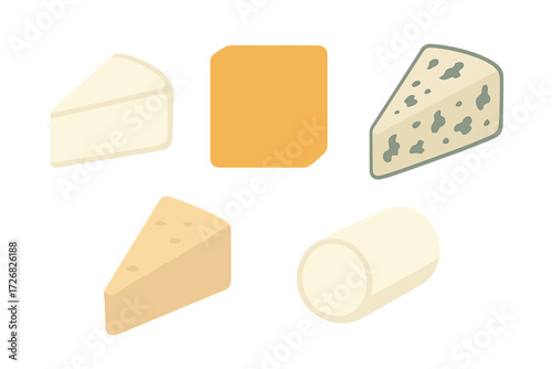 Five varieties of cheese displayed on a plain background in a simple and clean design, perfect for food enthusiasts and culinary inspiration