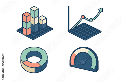 Data visualization elements including bar graphs, line charts, pie charts, and gauges used for informative displays