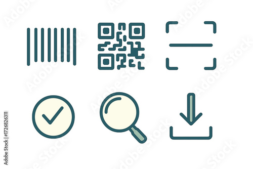 Various digital icons representing barcode scanning, QR codes, checkmarks, magnifying glasses, and download options in a simple, modern style