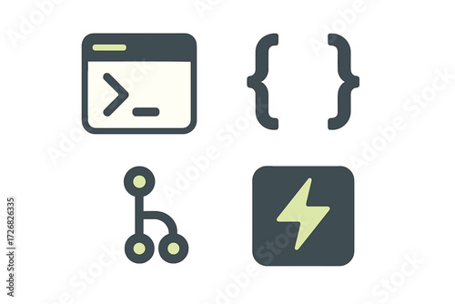 Icons representing programming and coding concepts used in software development and technology projects