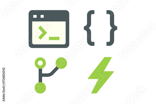 Symbols representing coding and technology concepts in a modern design style showcasing programming activity