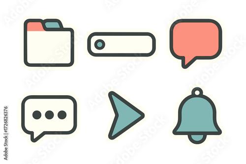 Colorful icons representing communication, navigation, and organization designs for digital applications and websites