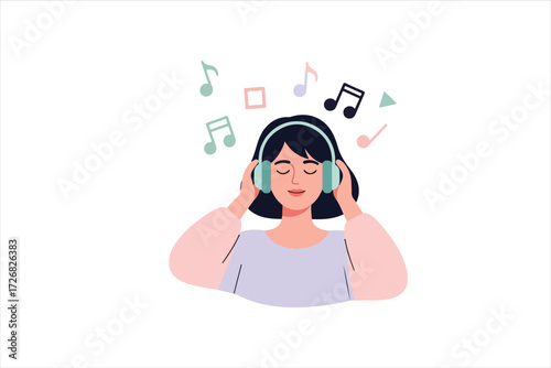 A woman with closed eyes enjoying music through headphones, surrounded by musical notes.