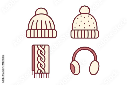 Warm winter accessories like hats, scarves, and headphones for chilly weather
