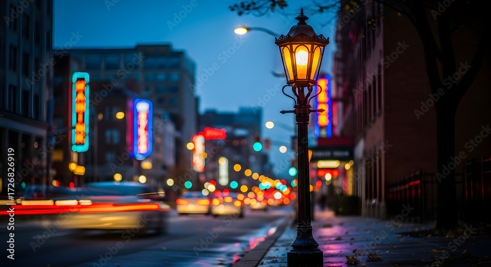Fototapeta premium Blurred City Lights Illuminate a Rainy Street at Dusk with a Vintage Lamp Post