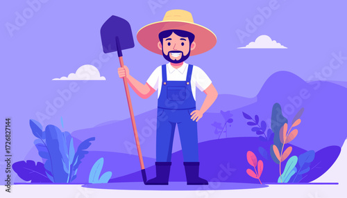 Happy Farmer Holding a Shovel in a Vibrant Field A Flat Vector Illustration