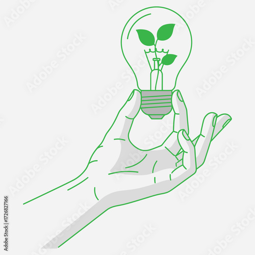 Hand holding a light bulb with vibrant green leaves, symbolizing sustainable energy, eco-friendly innovation, and environmental responsibility for a brighter future