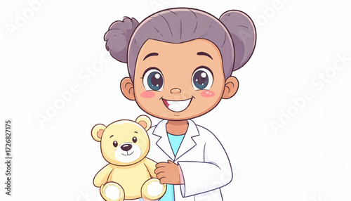 Adorable Cartoon Girl in Doctor's Coat Holding a Teddy Bear, Smiling Happily