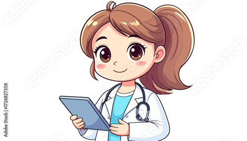 Charming Female Doctor Illustration Cartoon Medical Professional with Tablet in Hand