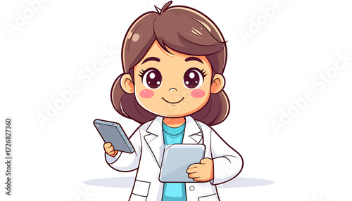 Cute Cartoon Doctor with Tablet Smiling Female Physician in White Coat with Devices