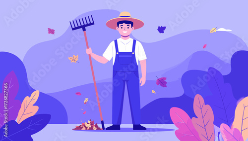 Farmer Raking Leaves in Fall Season Cute Vector Illustration of a Happy Gardener