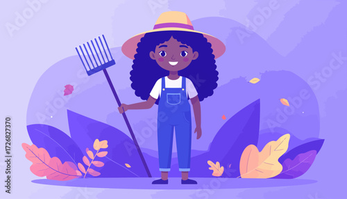 Cute Cartoon Gardener with Rake Smiling and Posing Amidst Plants and Foliage