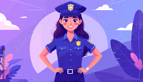 Cheerful Policewoman Posing Proudly with a Smile in a Vibrant Flat Vector Illustration