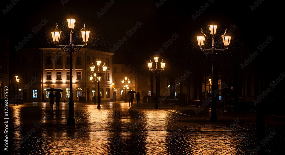 Naklejka premium Glowing streetlights illuminate a wet city square at night, creating stunning reflections on the damp pavement, evoking a serene and atmospheric urban landscape